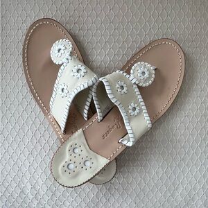Jack Rogers White & Tan Thong Sandals with Floral Medallions